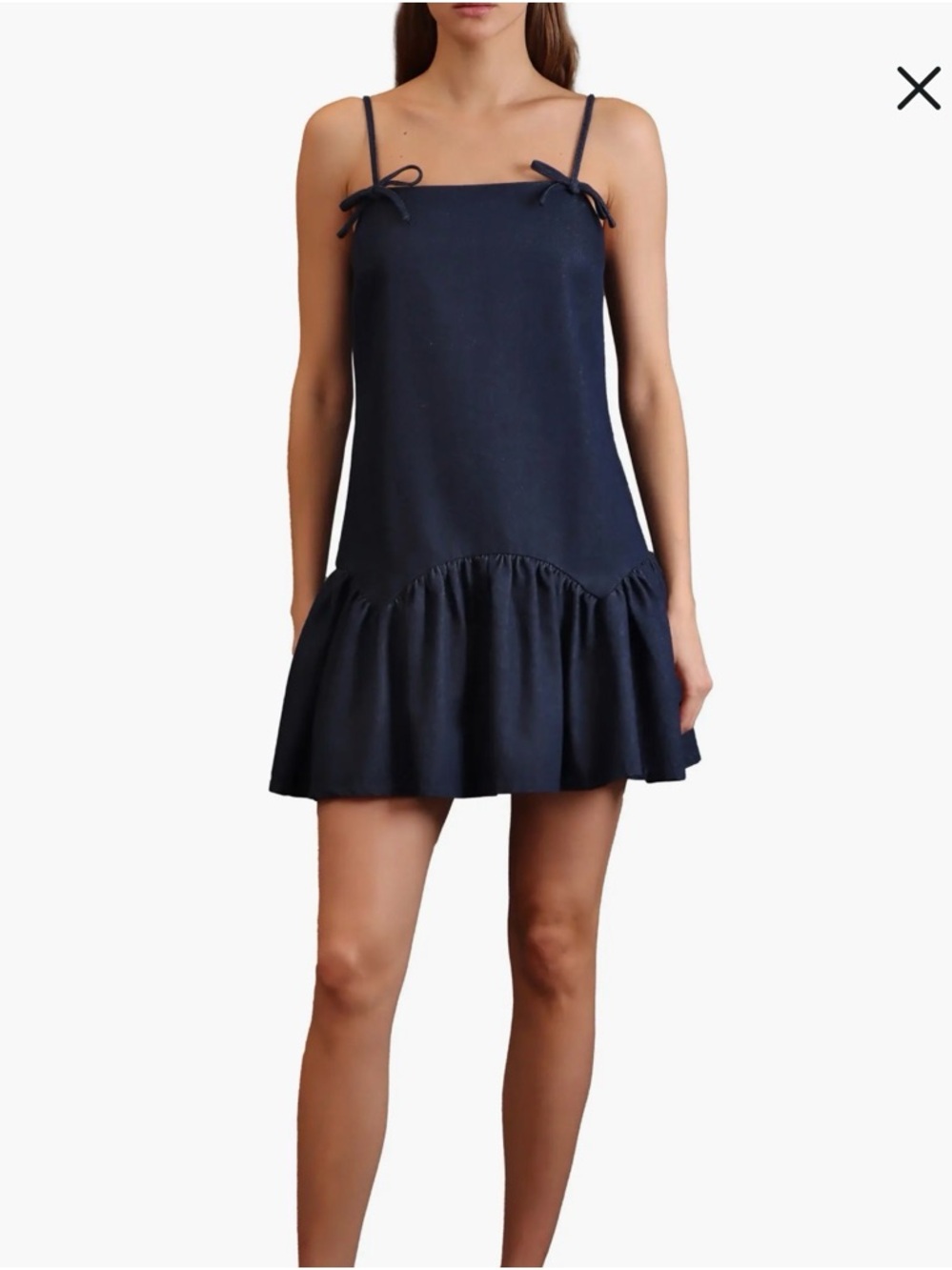Avec Les Filles Denim Bow Shoulder Ruffle-Hem Baby Doll Mini Dress